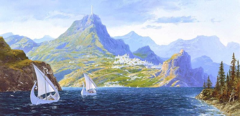 sailing ships near a mountain city
