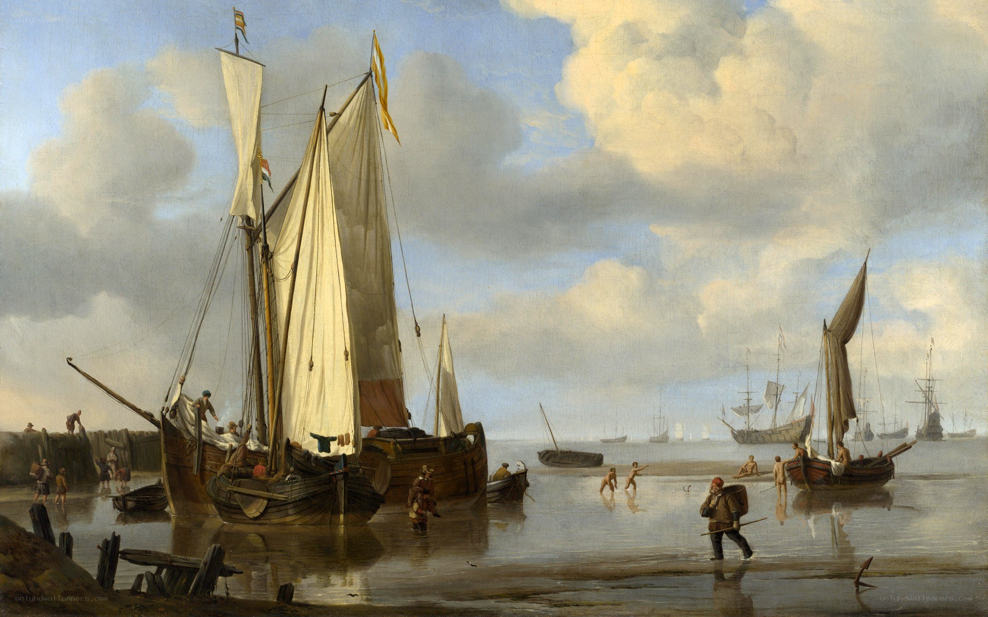 Sailing ships on a beach