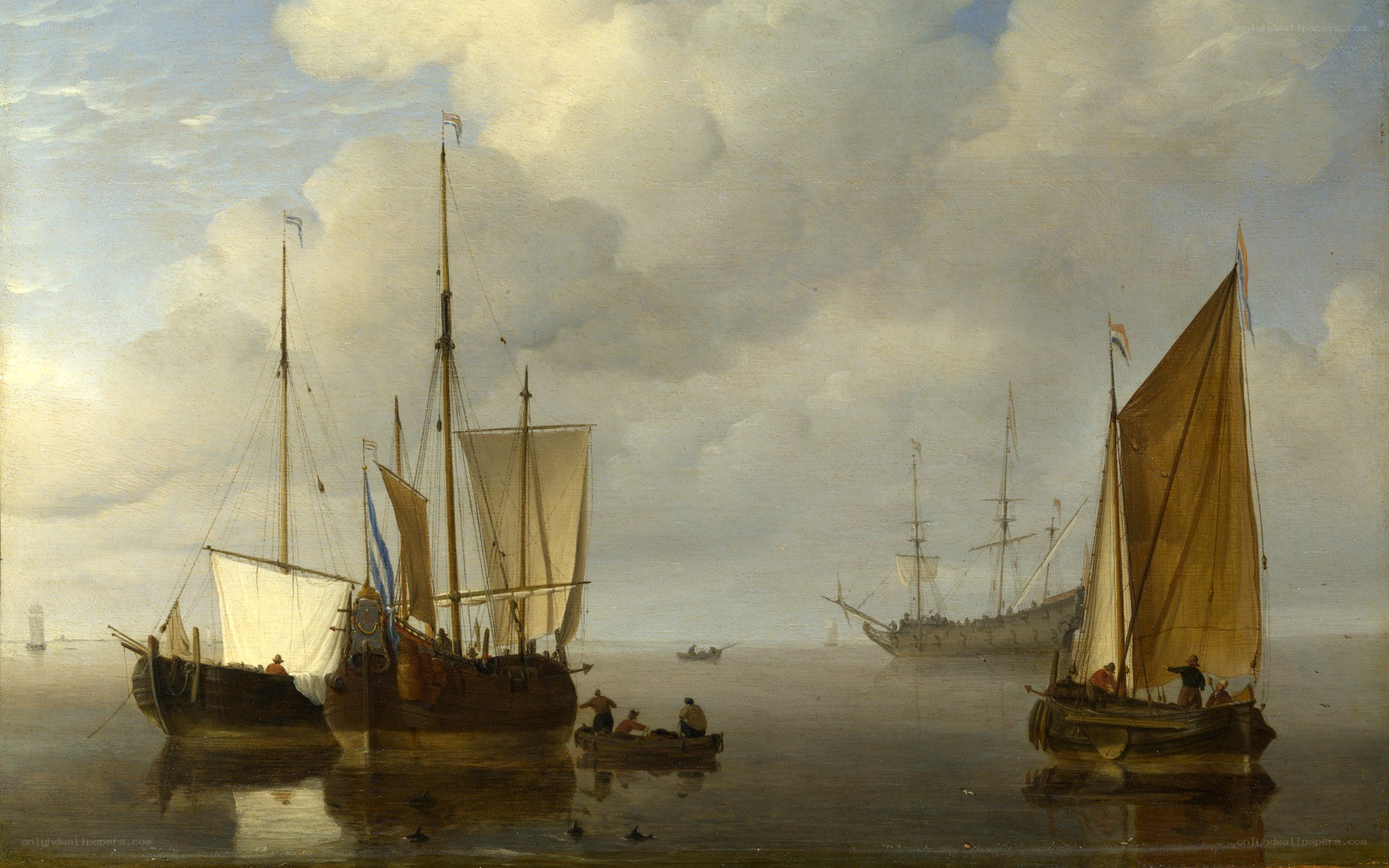 Sailing ships on calm waters
