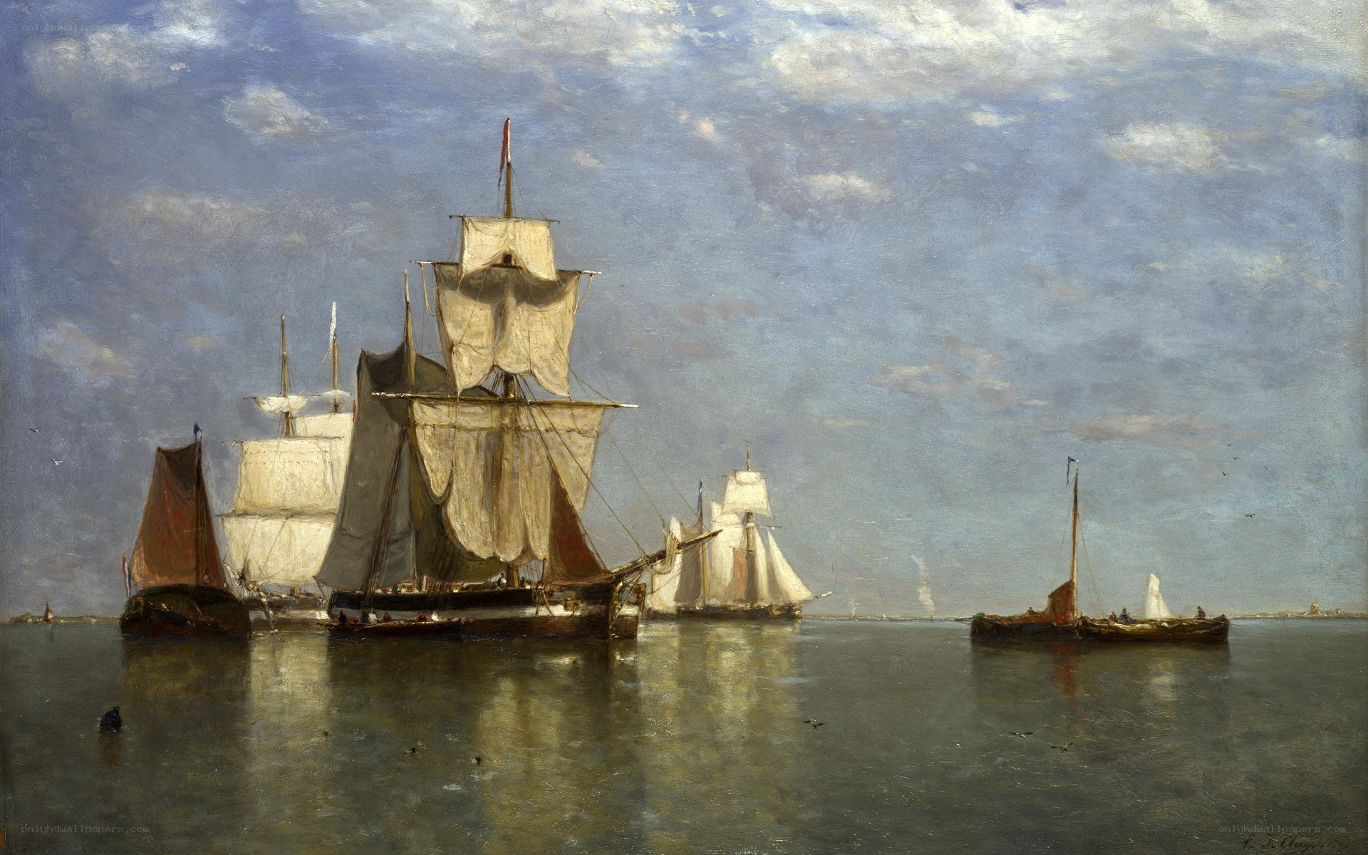 Sailing ships on calm waters