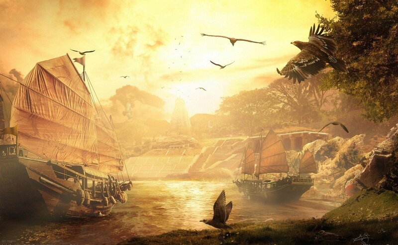 Sailing Ships on River
