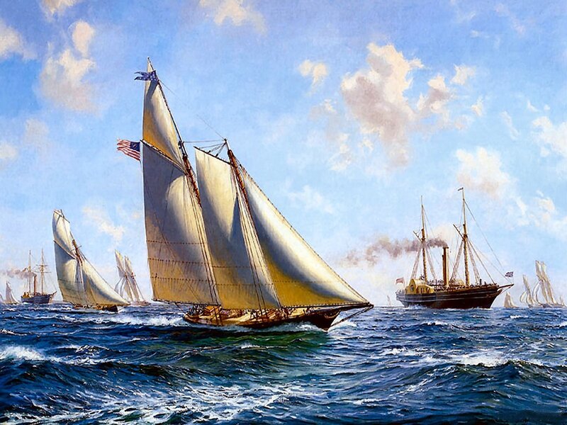 Sailing ships on the open sea