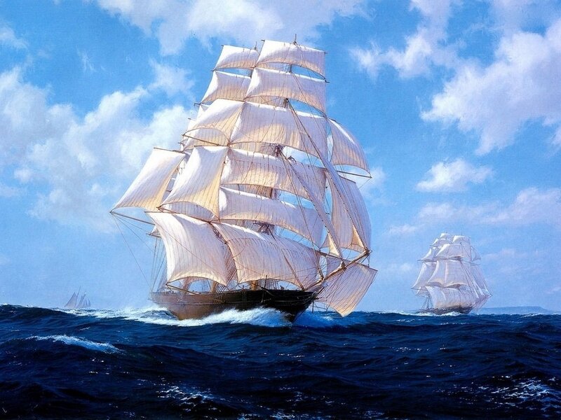 Sailing ships on the open sea