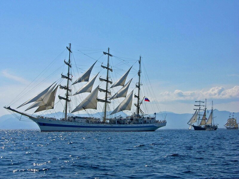 Sailing ships on the open sea