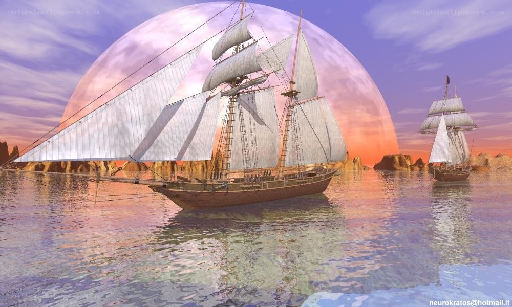 Sailing ships under a giant moon