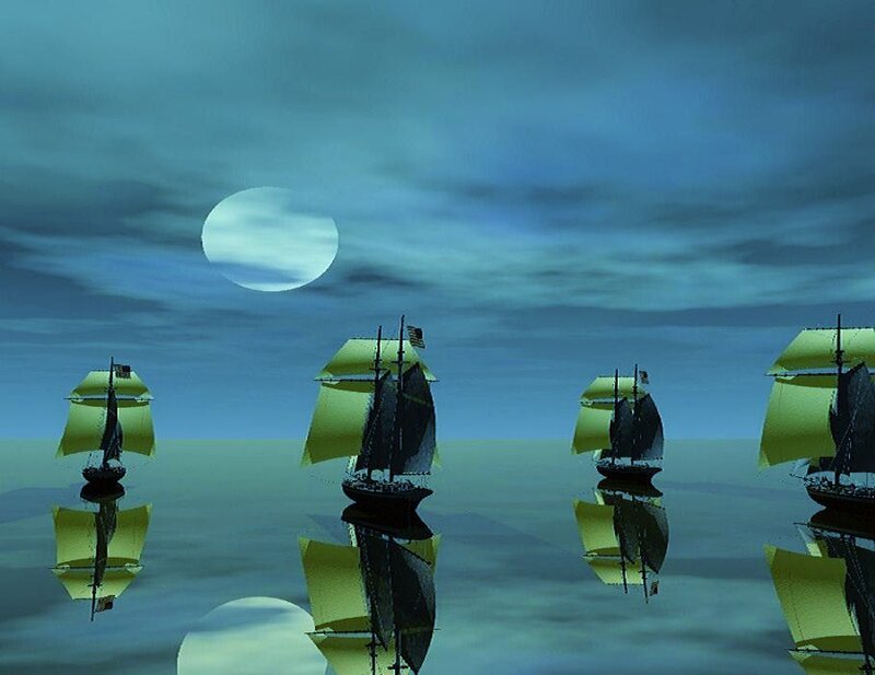 sailing ships under moonlight