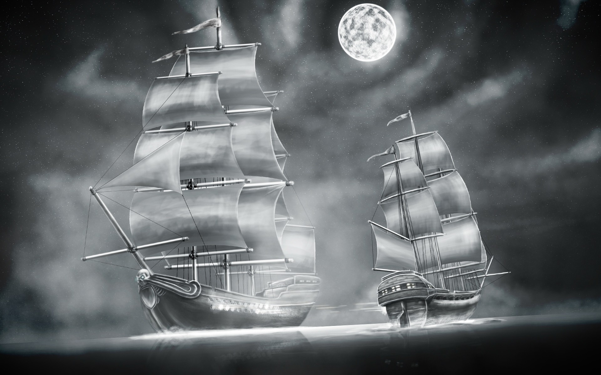 Sailing ships under moonlight