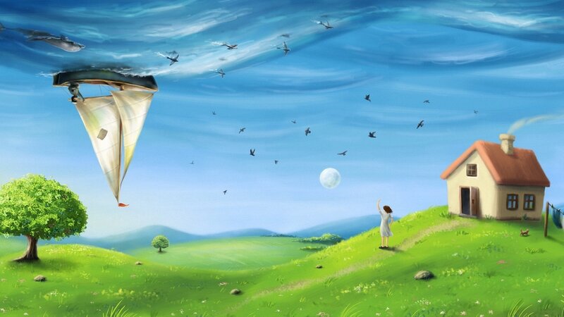 Sailing skyship over green hills