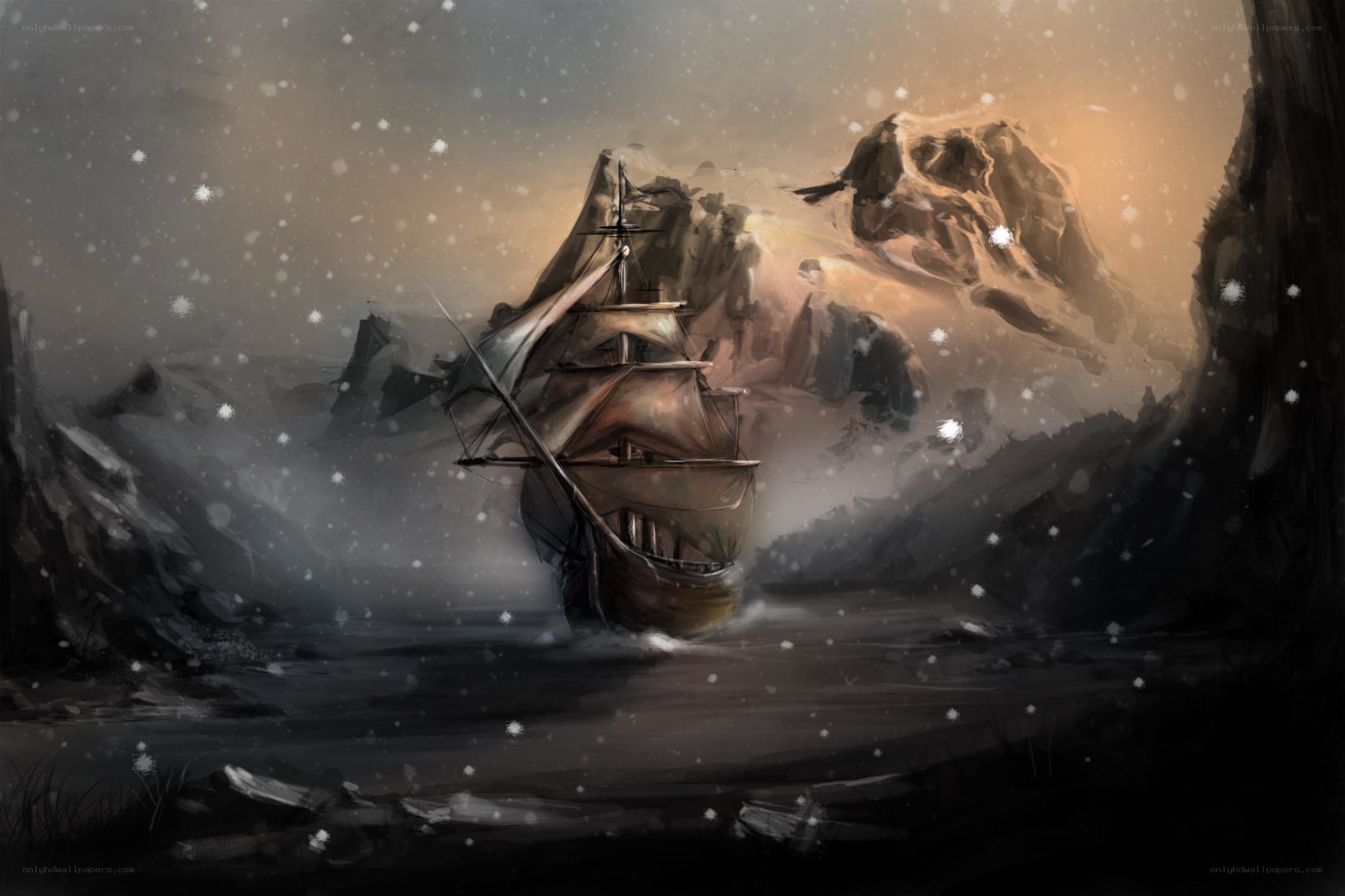 sailing through a snowy mountain pass