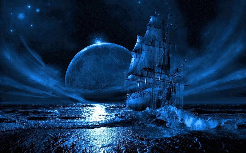 Sailing under a giant moon