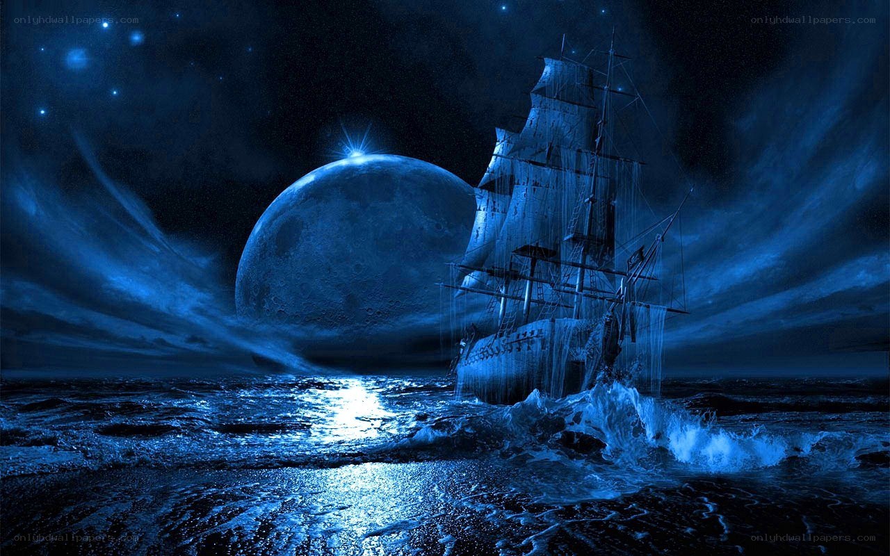 Sailing under a giant moon