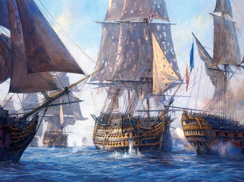 Sailing Warships in Battle — Blue