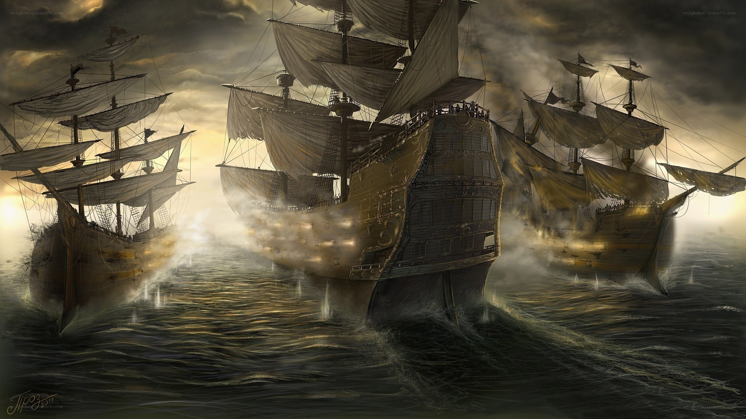 Sailing warships in storm