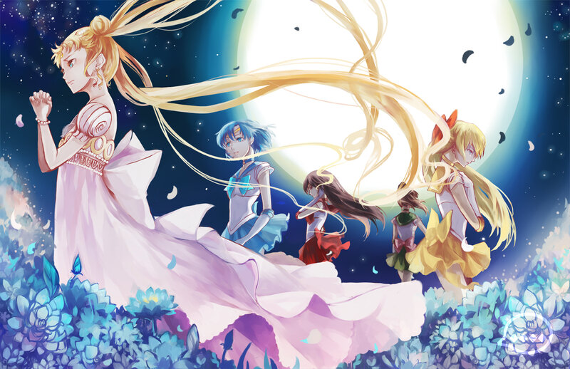 Sailor Moon and Allies — Blue, Dramatic, Night, Anime, Flowers
