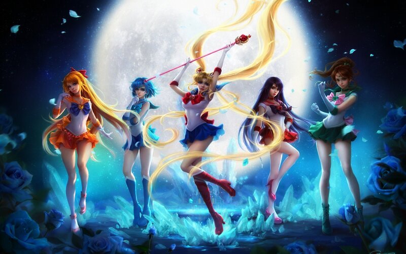 Sailor Moon and Allies — Blue, Dramatic, Night, Digital Art