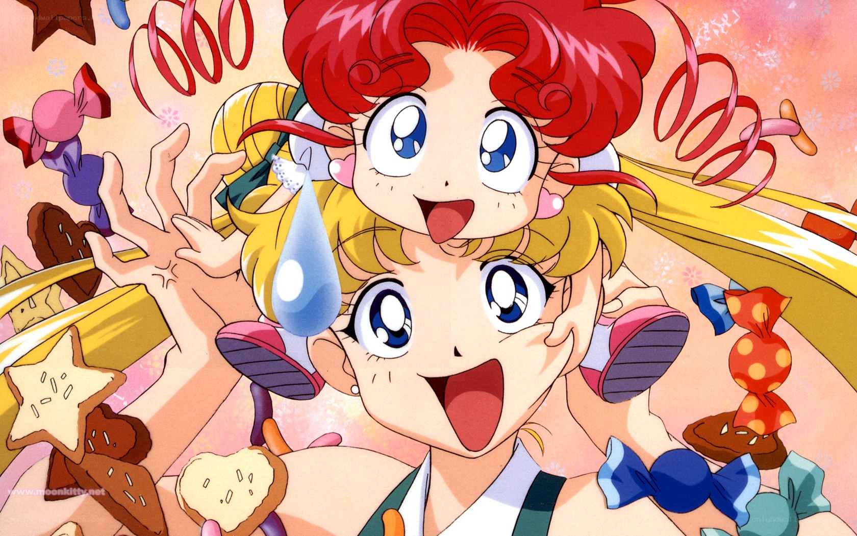 Sailor Moon and Chibiusa joyfully surrounded by sweets