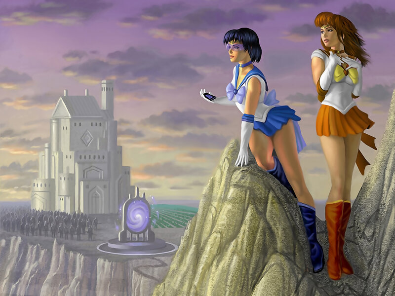 Sailor Moon and Sailor Venus on a cliff
