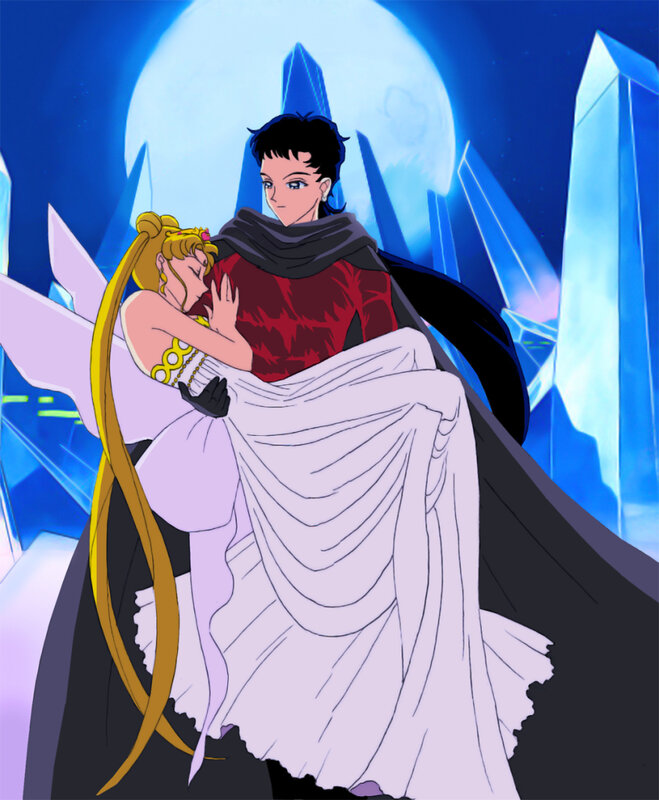 Sailor Moon and Tuxedo Mask embrace