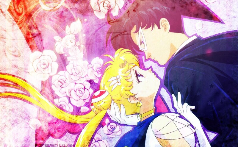 Sailor Moon and Tuxedo Mask embrace