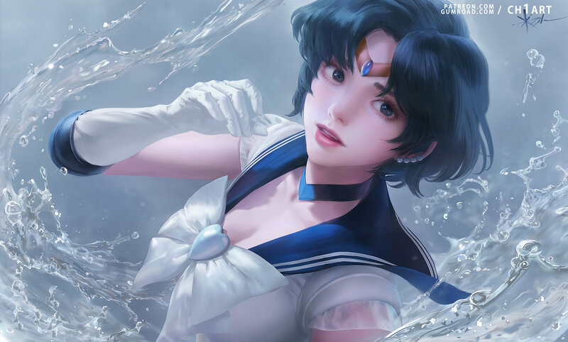 Sailor Moon Character — Blue, Dramatic, Digital Art, Water