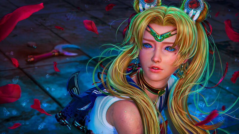 Sailor Moon Character — Blue, Dramatic, Night, Digital Art, Rose Petals