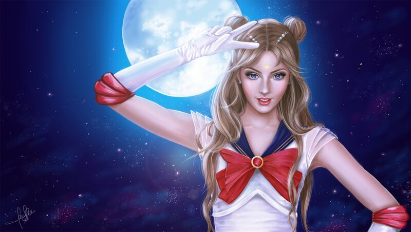 Sailor Moon Character — Blue, Dramatic, Night, Digital Art, Stars