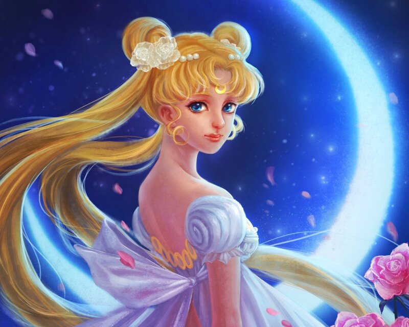 Sailor Moon Character — Blue, Serene, Night, Digital Art, Roses