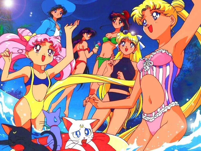 Sailor Moon Characters at Beach — Blue, Playful