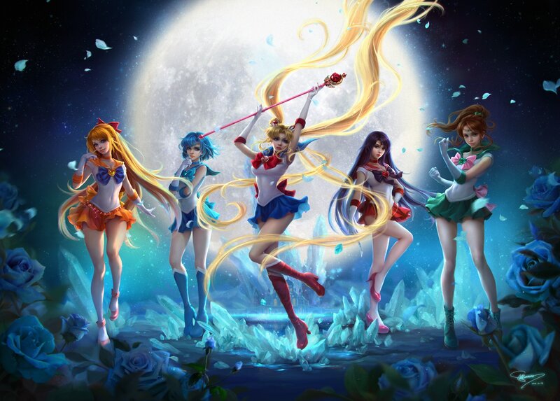 Sailor Moon Characters — Blue, Dramatic, Night, Digital Art, Roses