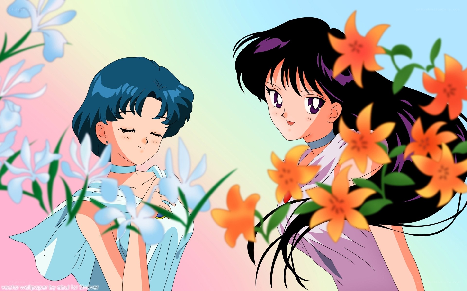 Sailor Moon characters in flowers