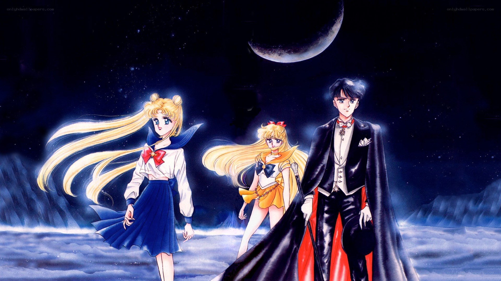 Sailor Moon characters under moon