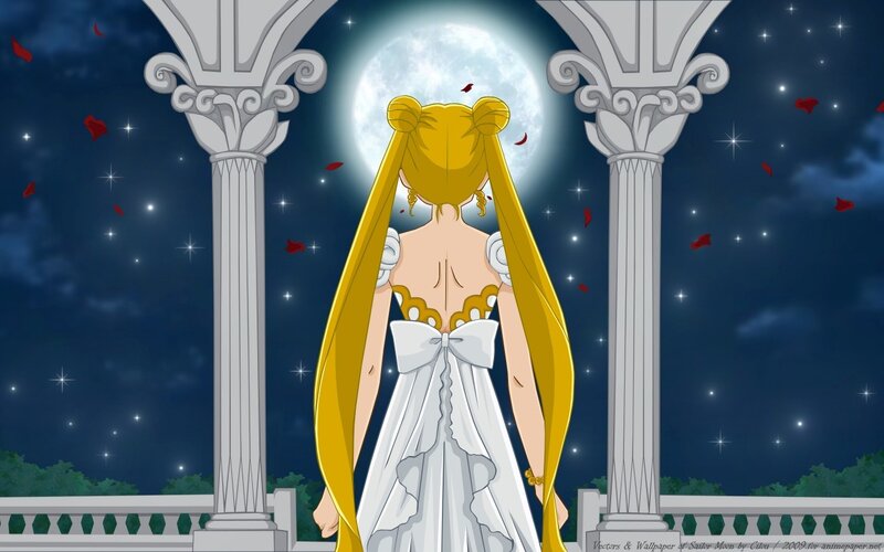 Sailor Moon in White Dress — Serene, Night, Anime, Columns, Rose Petals