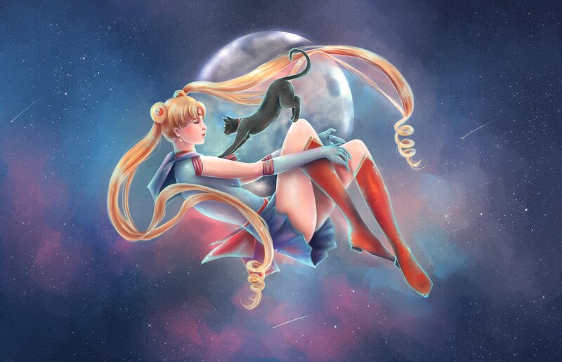Sailor Moon with Cat — Blue, Serene