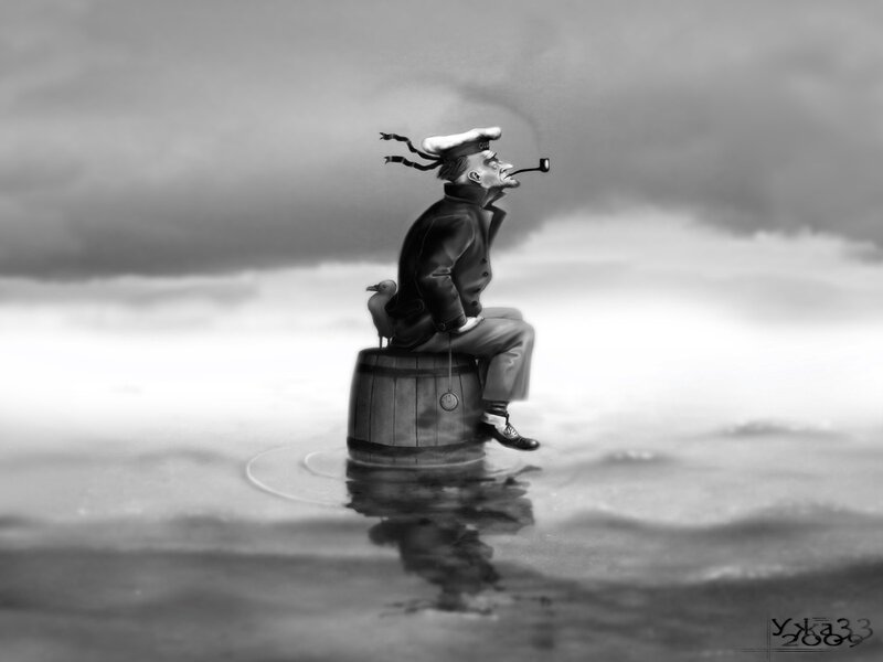 sailor on a barrel in the sea