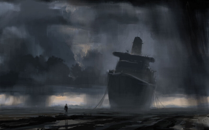 sailor stands before shipwreck