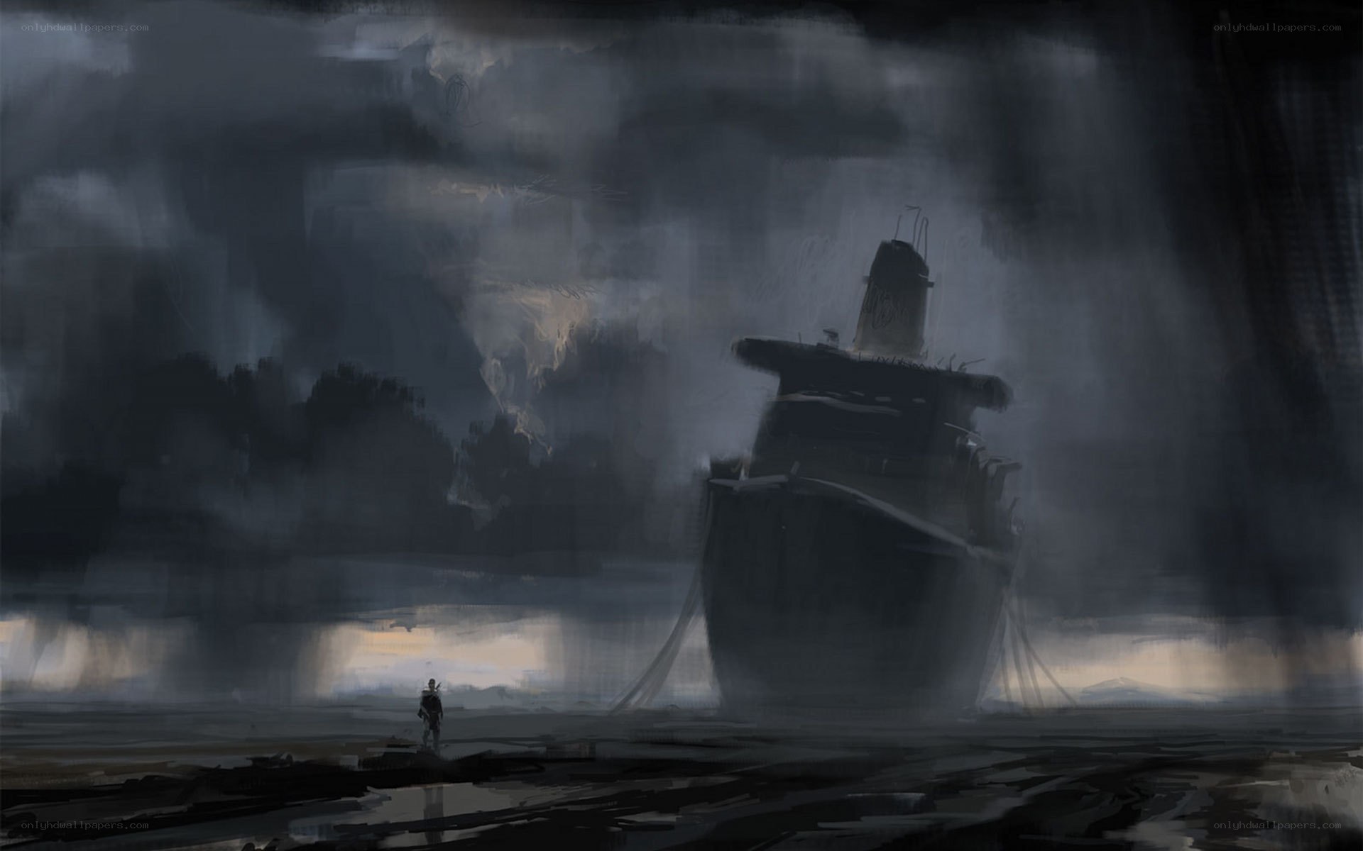 sailor stands before shipwreck