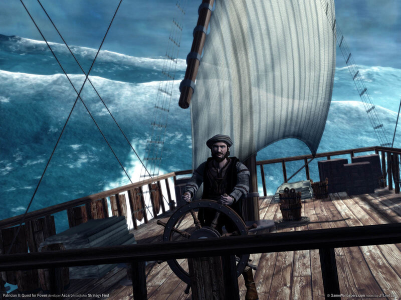 sailor steering ship in storm