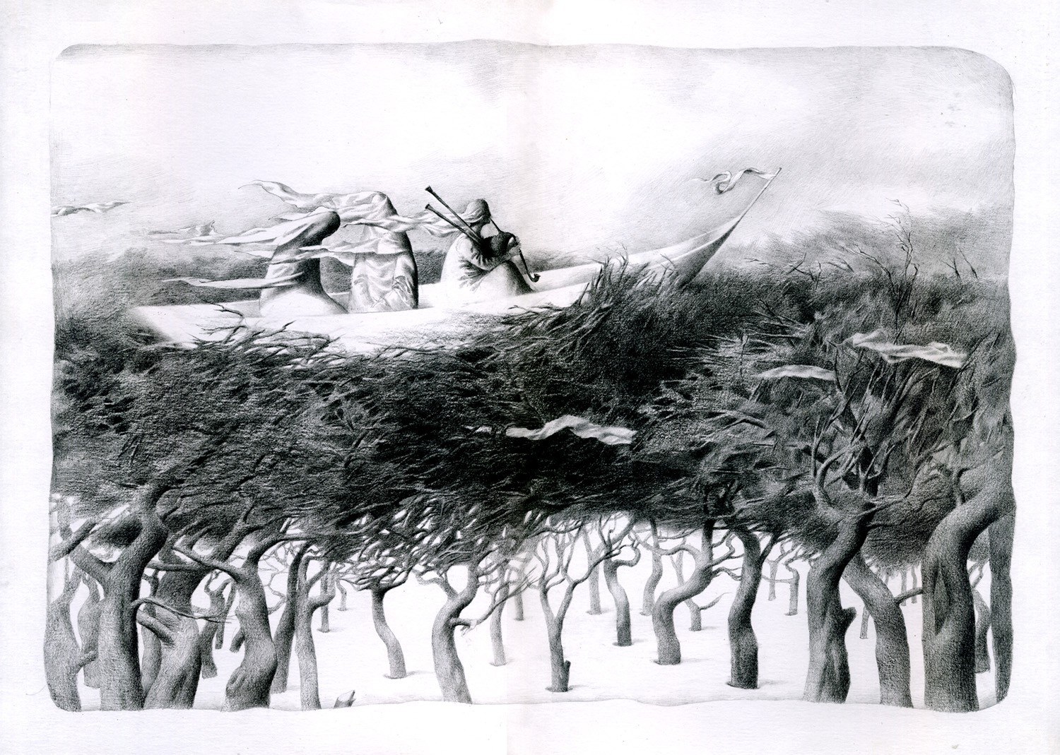 Sailors in a stormy forest
