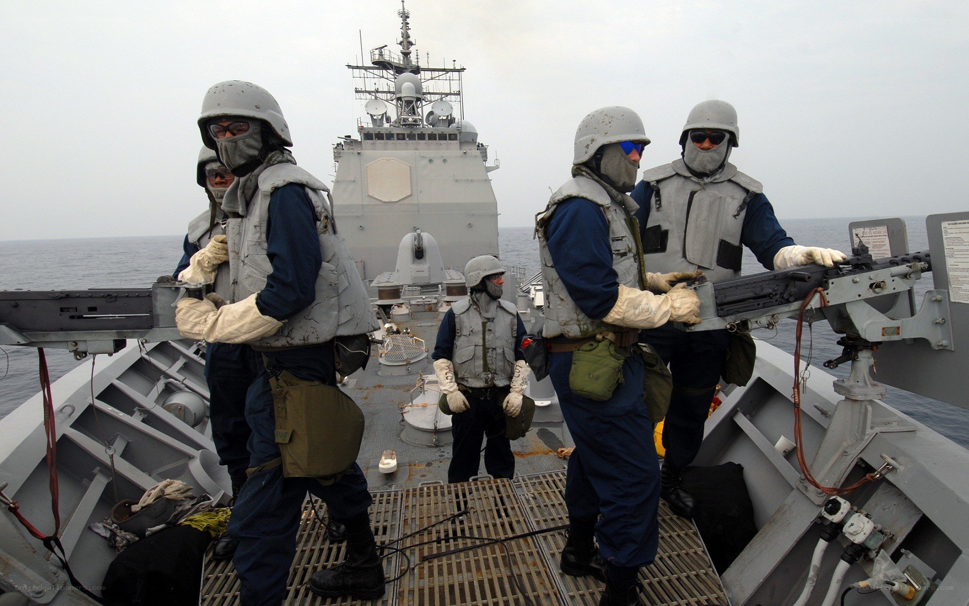 Sailors on a warship deck