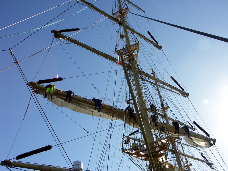 Sailors on Ship Rigging — Blue