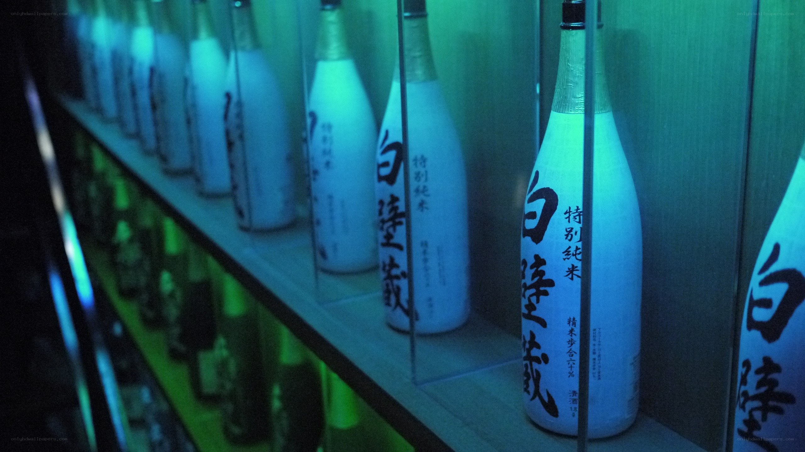 sake bottles in display case