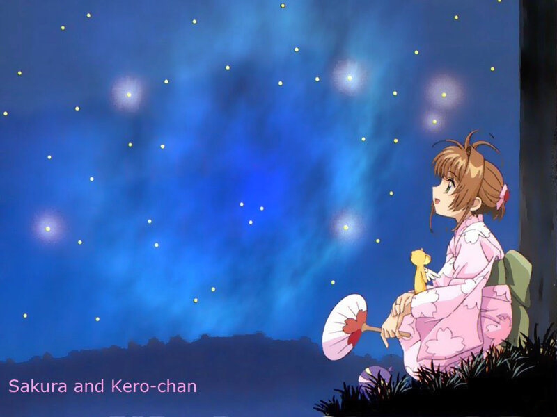 Sakura and Kero-chan under stars