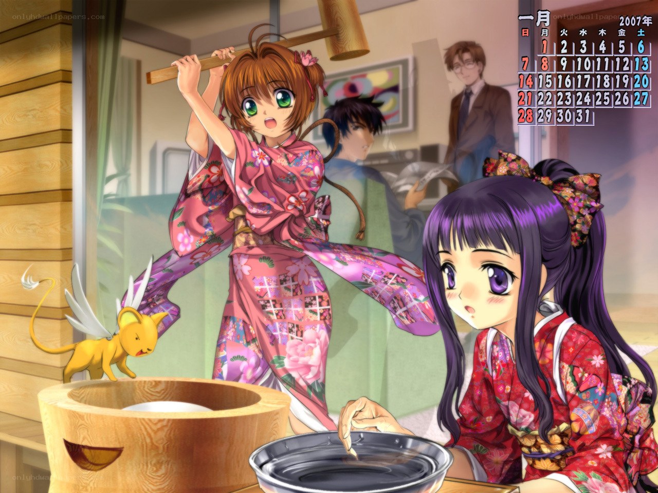 Sakura and Kero in a kitchen