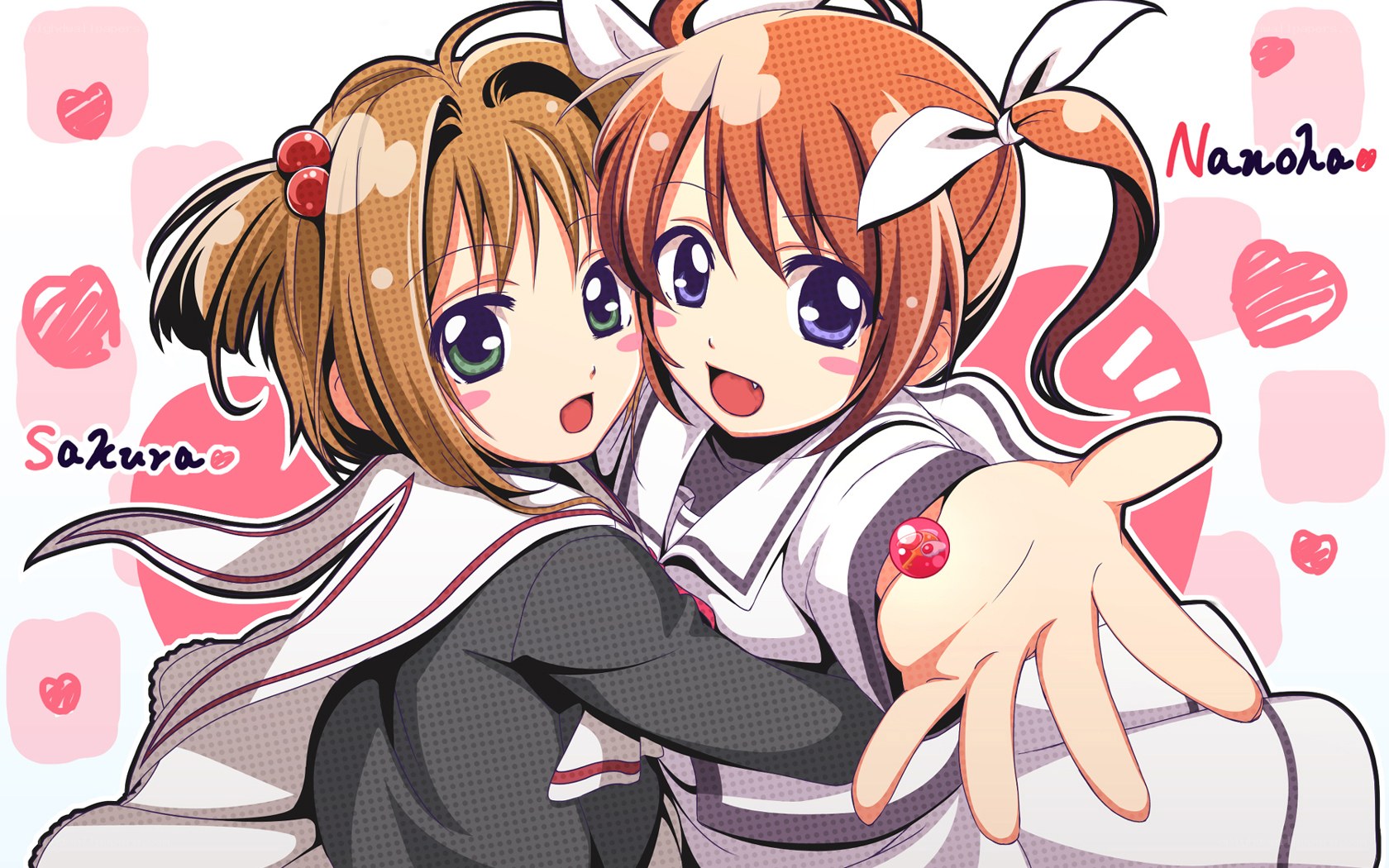 Sakura and Nanoha hugging