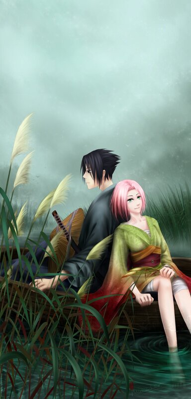 Sakura and Sasuke on a boat