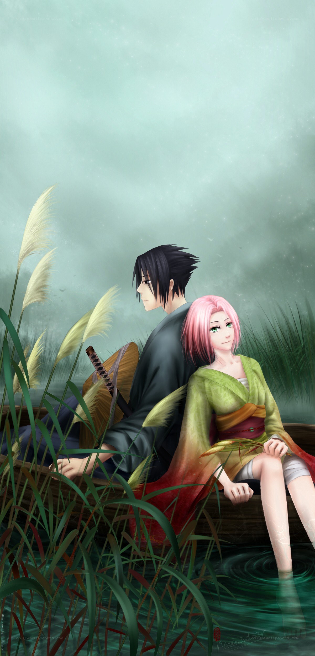 Sakura and Sasuke on a boat