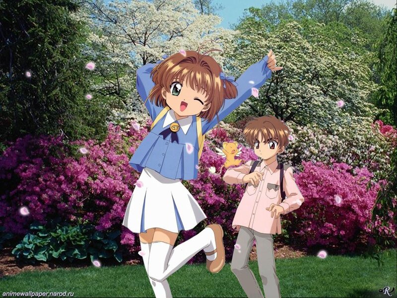 Sakura and Syaoran in a garden