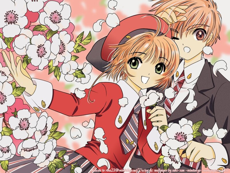 Sakura and Syaoran in cherry blossoms