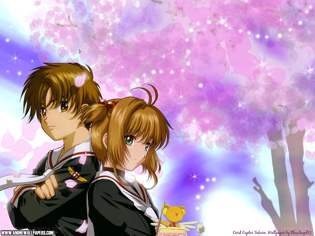 Sakura and Syaoran under cherry blossoms