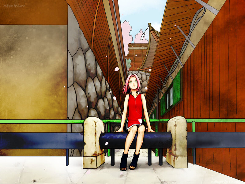 Sakura sitting on a bench